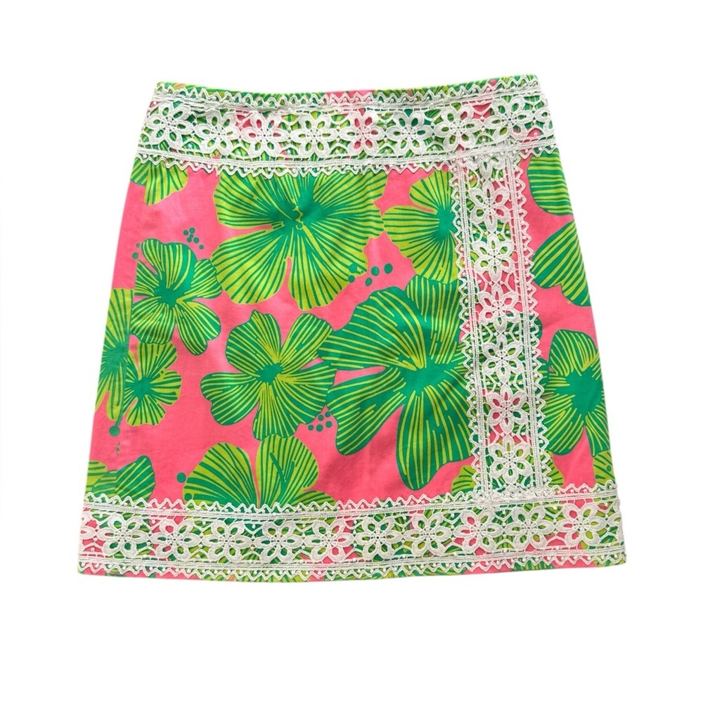 Lilly Pulitzer Green Pink Floral Mini Skirt White Lace Trim Preppy Classic